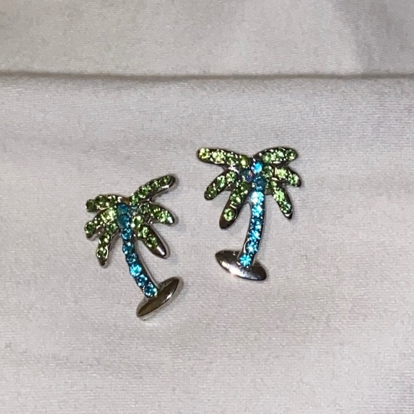 Silver blue and green palm tree stud earrings - Picture 2 of 3